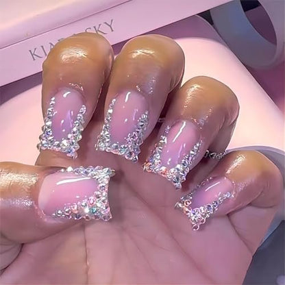 QQPPOLIU Short Press on Nails Square Rhinestone French Tips - Cute Fake Nails for Girls (Pink & Silver)
