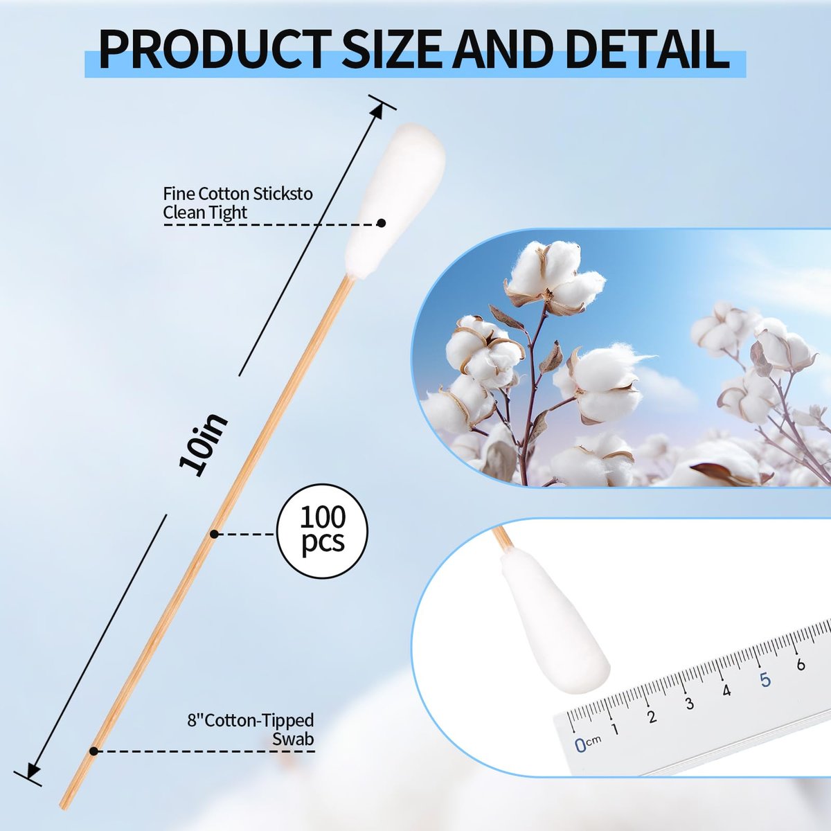 10-Inch Long Cotton Swabs (100-Pack) | Large 1/2 Inch Diameter Cotton Tipped Applicators for Cleaning Avelisse