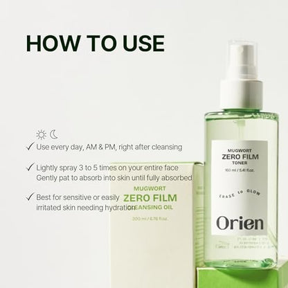 Orien Mugwort Zero Film Toner 5.41 fl.oz. (160ml) – pH5.5 Calming, Soothing, Hydrating Spray Toner