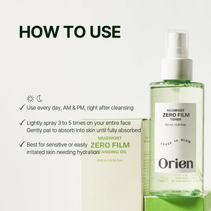 Orien Mugwort Zero Film Toner 5.41 fl.oz. (160ml) – pH5.5 Calming, Soothing, Hydrating Spray Toner