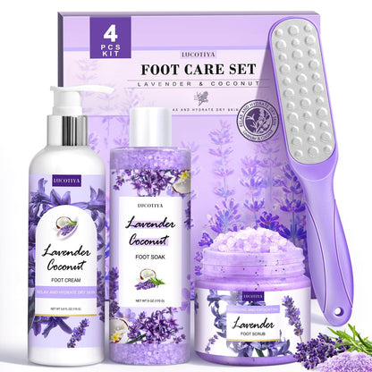 Lavender Foot Soak Set - Salt Soak, Foot File, Scrub & Urea Cream Pedicure Supplies for Dry, Cracked Feet - Women's Spa Kit Avelisse