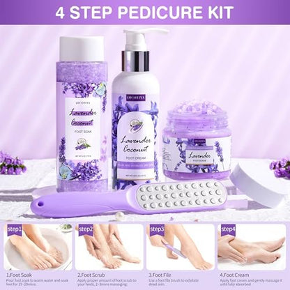 Lavender Foot Soak Set - Salt Soak, Foot File, Scrub & Urea Cream Pedicure Supplies for Dry, Cracked Feet - Women's Spa Kit Avelisse