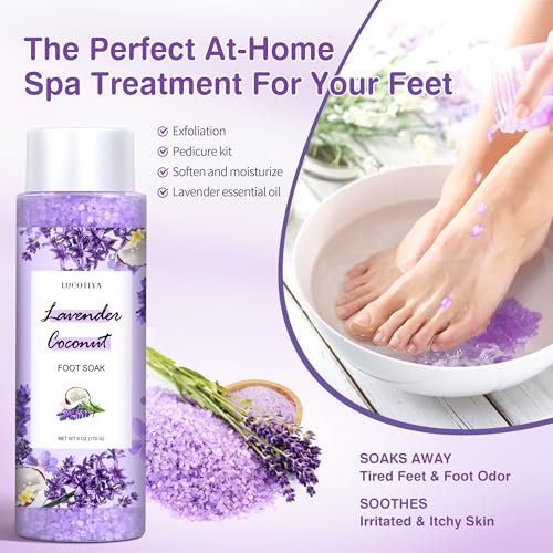 Lavender Foot Soak Set - Salt Soak, Foot File, Scrub & Urea Cream Pedicure Supplies for Dry, Cracked Feet - Women's Spa Kit Avelisse