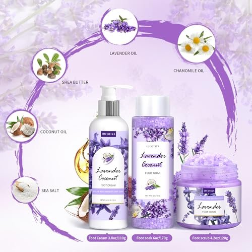 Lavender Foot Soak Set - Salt Soak, Foot File, Scrub & Urea Cream Pedicure Supplies for Dry, Cracked Feet - Women's Spa Kit Avelisse