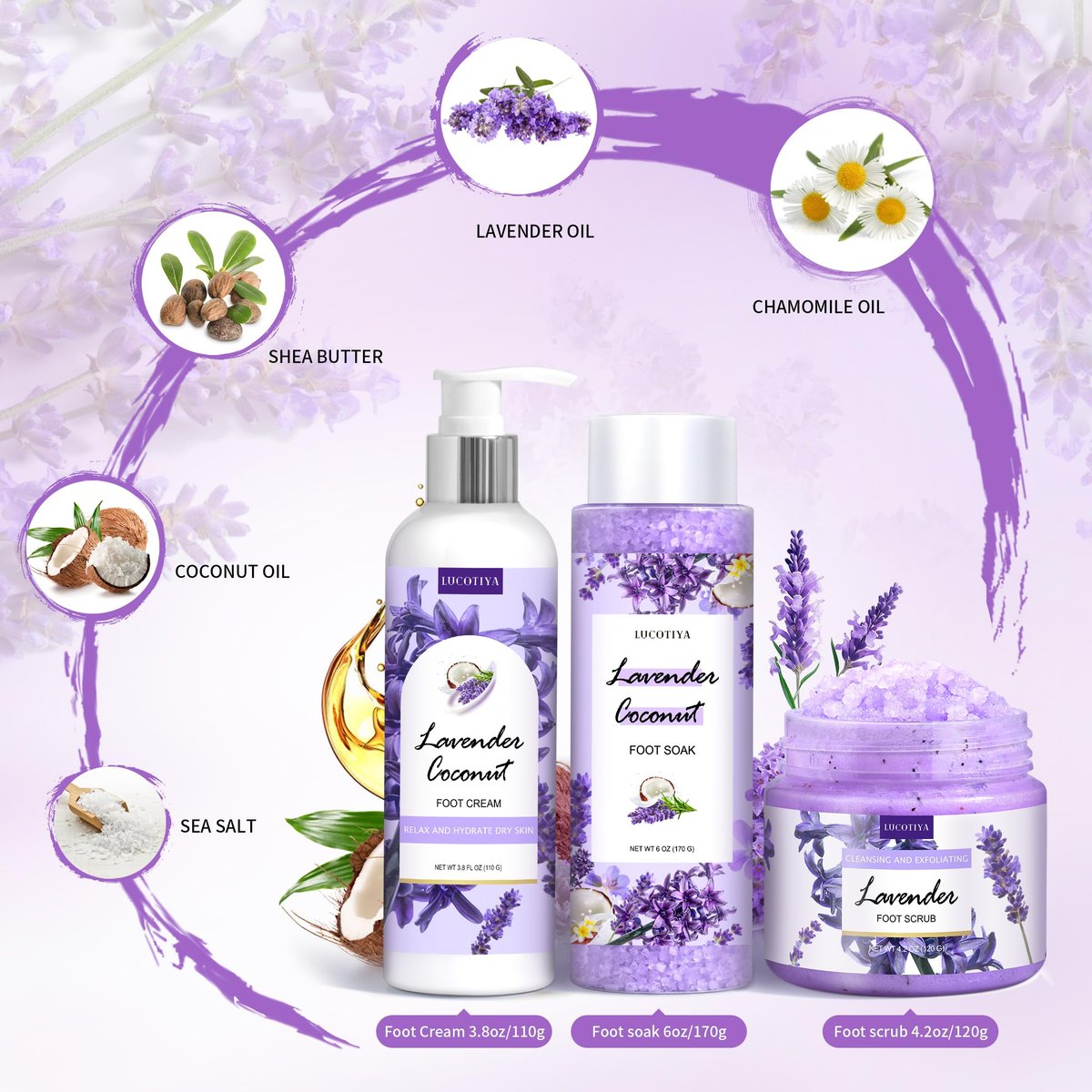 Lavender Foot Soak Set - Salt Soak, Foot File, Scrub & Urea Cream Pedicure Supplies for Dry, Cracked Feet - Women's Spa Kit Avelisse