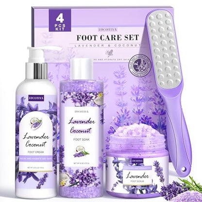 Lavender Foot Soak Set - Salt Soak, Foot File, Scrub & Urea Cream Pedicure Supplies for Dry, Cracked Feet - Women's Spa Kit Avelisse