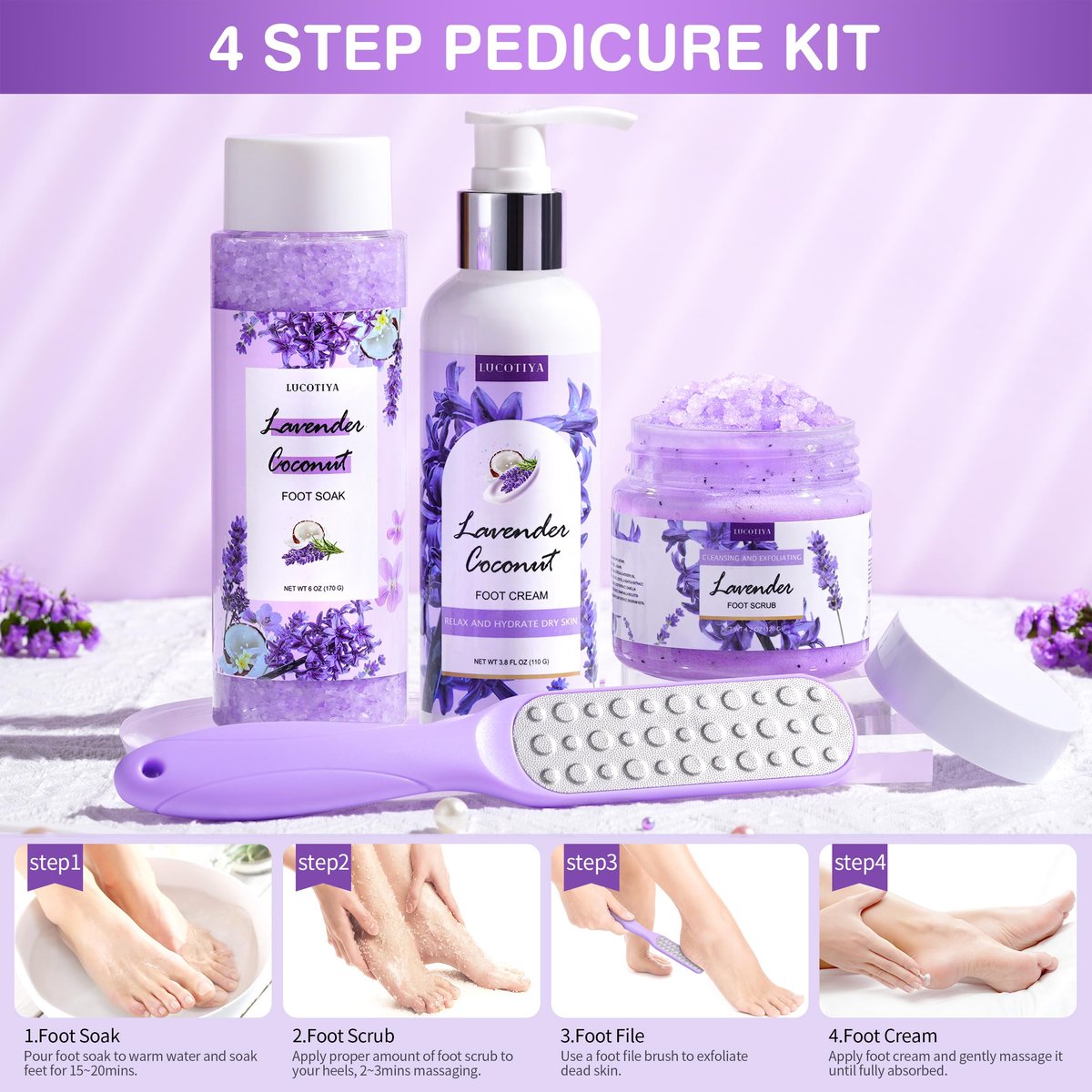 Lavender Foot Soak Set - Salt Soak, Foot File, Scrub & Urea Cream Pedicure Supplies for Dry, Cracked Feet - Women's Spa Kit Avelisse
