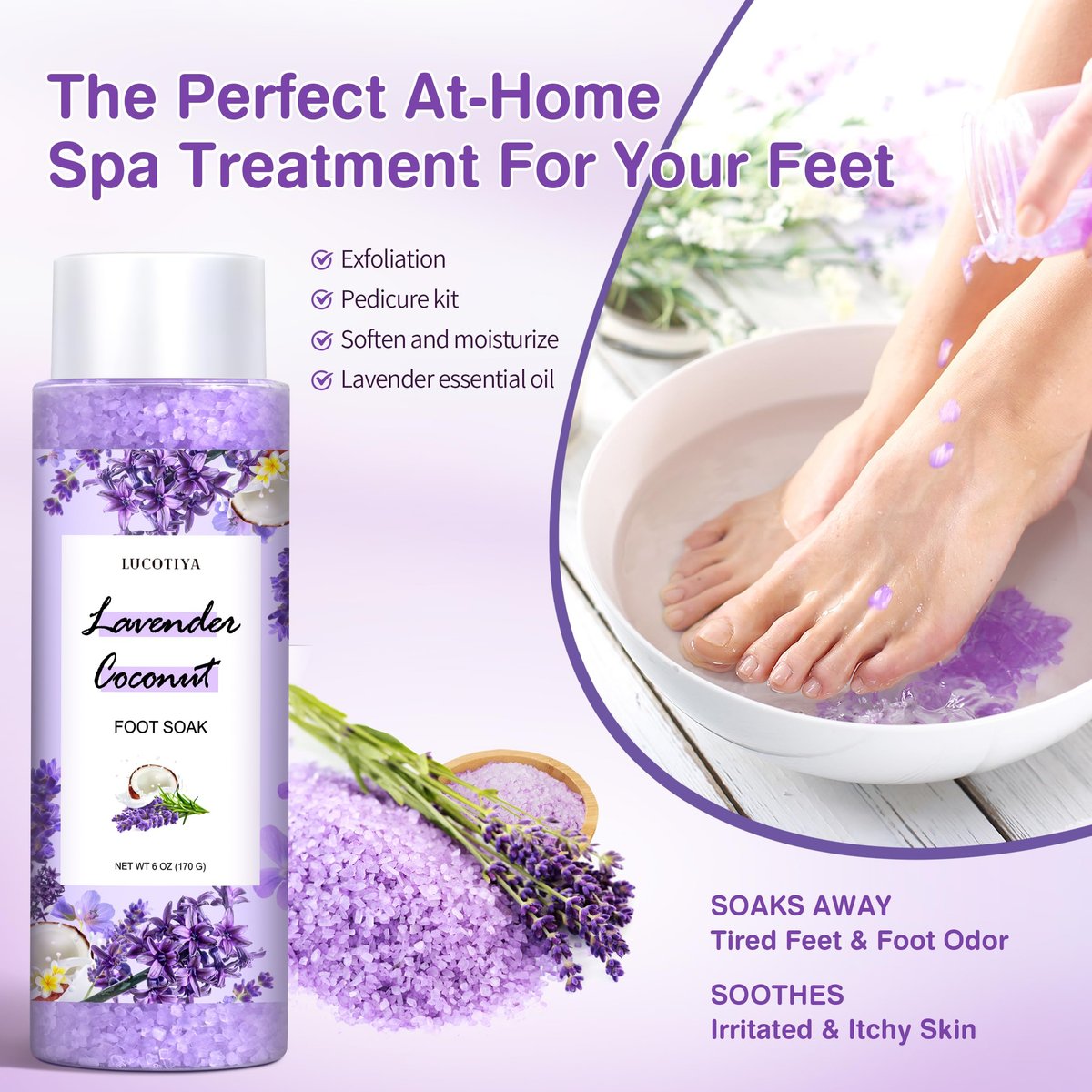 Lavender Foot Soak Set - Salt Soak, Foot File, Scrub & Urea Cream Pedicure Supplies for Dry, Cracked Feet - Women's Spa Kit Avelisse