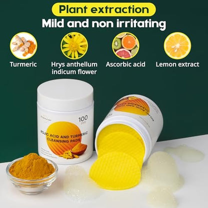 BRIGHTJUNGLE Kojic Acid and Turmeric Cleansing Pads - 100 Pads | Enriched with Ginger Root Oil & Amino Acids for Face and Body