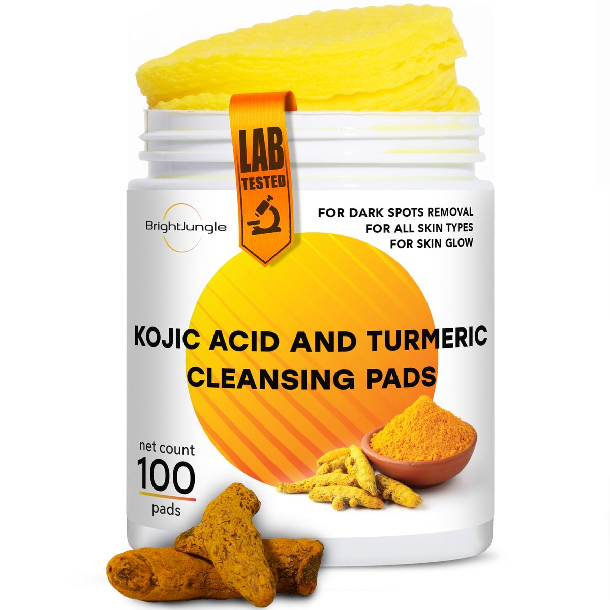 BRIGHTJUNGLE Kojic Acid and Turmeric Cleansing Pads - 100 Pads | Enriched with Ginger Root Oil & Amino Acids for Face and Body - görsel 1