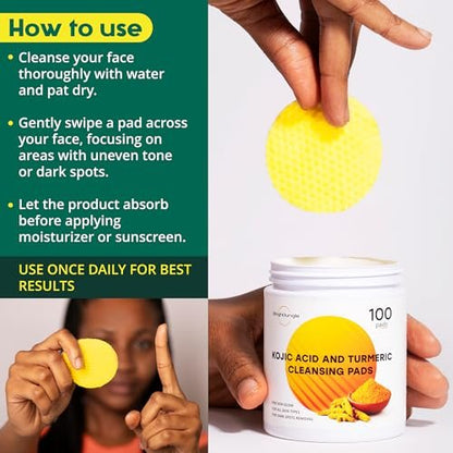 BRIGHTJUNGLE Kojic Acid and Turmeric Cleansing Pads - 100 Pads | Enriched with Ginger Root Oil & Amino Acids for Face and Body