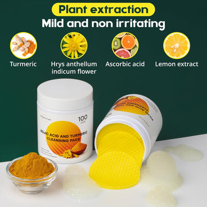 BRIGHTJUNGLE Kojic Acid and Turmeric Cleansing Pads - 100 Pads | Enriched with Ginger Root Oil & Amino Acids for Face and Body