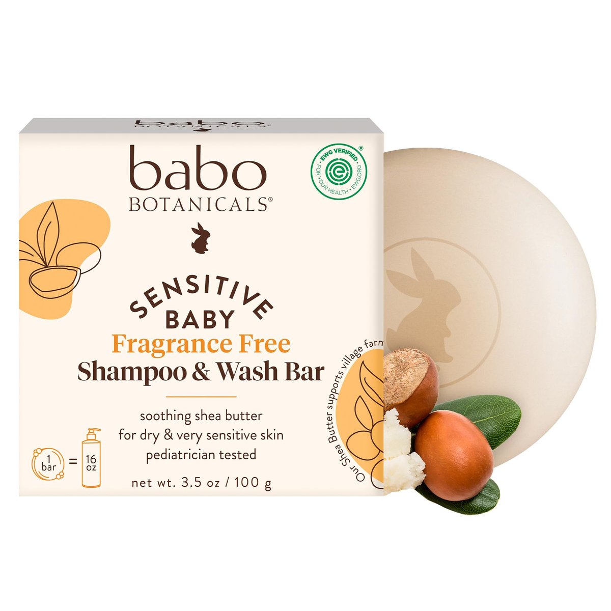 Babo Botanicals Sensitive Baby Fragrance-Free 2-in-1 Shampoo & Wash Bar - Shea Butter, Calendula & Aloe Vera - EWG Verified - Cruelty-Free - Vegan - Pediatrician Tested - For Babies & Kids Avelisse
