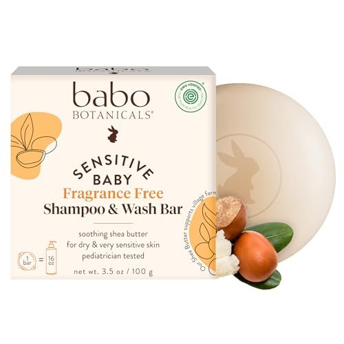 Babo Botanicals Sensitive Baby Fragrance-Free 2-in-1 Shampoo & Wash Bar - Shea Butter, Calendula & Aloe Vera - EWG Verified - Cruelty-Free - Vegan - Pediatrician Tested - For Babies & Kids Avelisse
