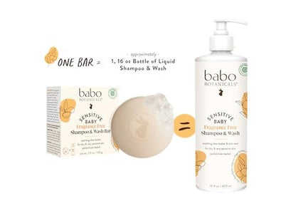 Babo Botanicals Sensitive Baby Fragrance-Free 2-in-1 Shampoo & Wash Bar - Shea Butter, Calendula & Aloe Vera - EWG Verified - Cruelty-Free - Vegan - Pediatrician Tested - For Babies & Kids Avelisse