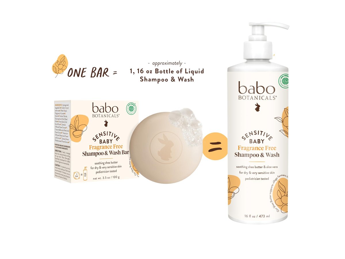 Babo Botanicals Sensitive Baby Fragrance-Free 2-in-1 Shampoo & Wash Bar - Shea Butter, Calendula & Aloe Vera - EWG Verified - Cruelty-Free - Vegan - Pediatrician Tested - For Babies & Kids Avelisse