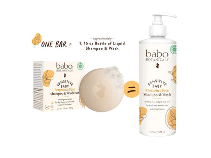 Babo Botanicals Sensitive Baby Fragrance-Free 2-in-1 Shampoo & Wash Bar - Shea Butter, Calendula & Aloe Vera - EWG Verified - Cruelty-Free - Vegan - Pediatrician Tested - For Babies & Kids Avelisse