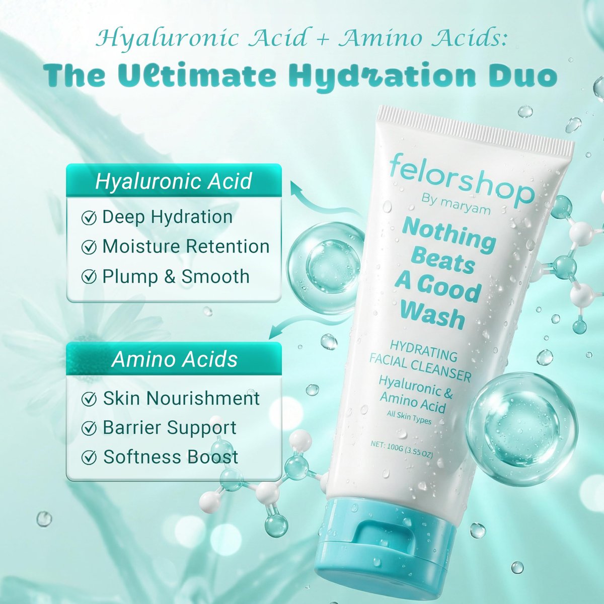 Hydrating Facial Cleanser with Hyaluronic Acid & Amino Acid – Daily Face Wash for All Skin Types, Non-Drying Oil Control, 100g Avelisse