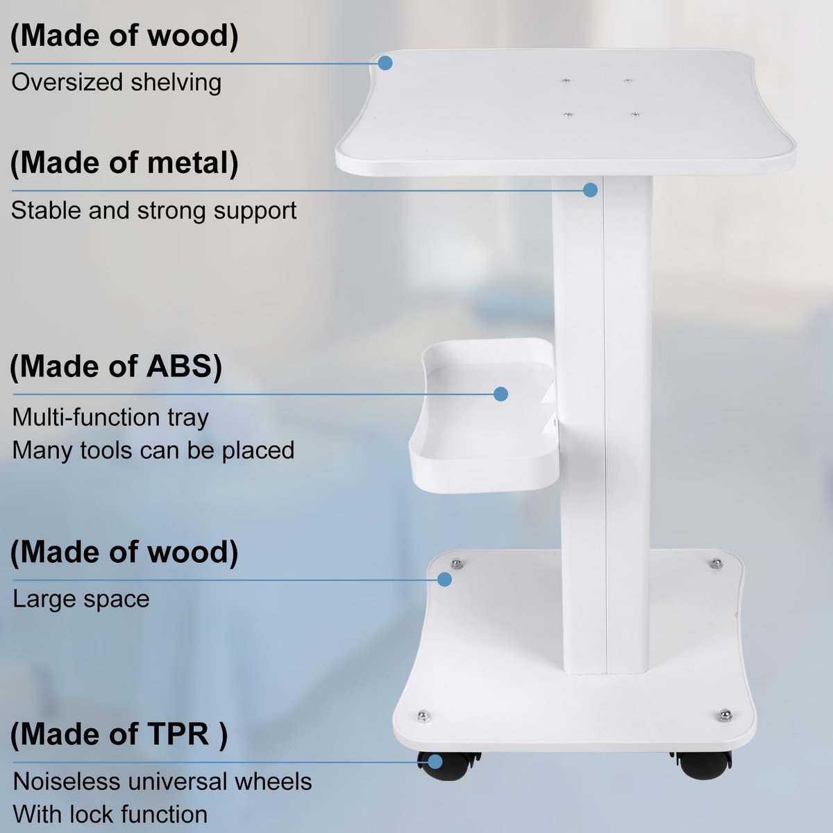 3-Tier White Beauty Trolley Cart with Wheels - Aluminum Salon Rolling Work Station for Spa, Pedicure, Tattoo & Craft Supplies Avelisse