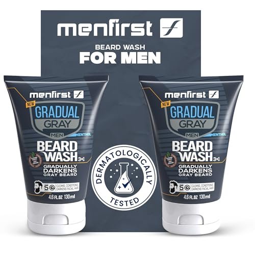 MENFIRST 3-in-1 Gradual Gray Beard Wash Shampoo for Men – Grey Reducing Beard Dye for Darker Shades – Hypoallergenic Harsh Chemical-Free Beard Cleanser – 4.6 Fl Oz Avelisse