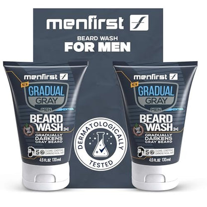 MENFIRST 3-in-1 Gradual Gray Beard Wash Shampoo for Men – Grey Reducing Beard Dye for Darker Shades – Hypoallergenic Harsh Chemical-Free Beard Cleanser – 4.6 Fl Oz Avelisse