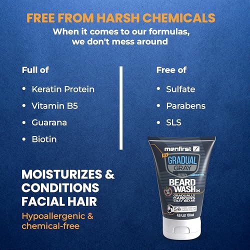 MENFIRST 3-in-1 Gradual Gray Beard Wash Shampoo for Men – Grey Reducing Beard Dye for Darker Shades – Hypoallergenic Harsh Chemical-Free Beard Cleanser – 4.6 Fl Oz Avelisse