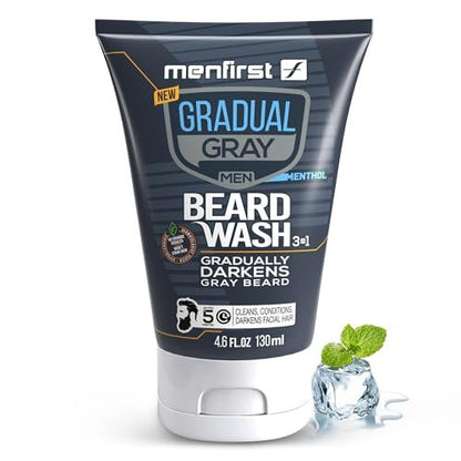 MENFIRST 3-in-1 Gradual Gray Beard Wash Shampoo for Men – Grey Reducing Beard Dye for Darker Shades – Hypoallergenic Harsh Chemical-Free Beard Cleanser – 4.6 Fl Oz Avelisse