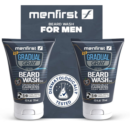 MENFIRST 3-in-1 Gradual Gray Beard Wash Shampoo for Men – Grey Reducing Beard Dye for Darker Shades – Hypoallergenic Harsh Chemical-Free Beard Cleanser – 4.6 Fl Oz Avelisse