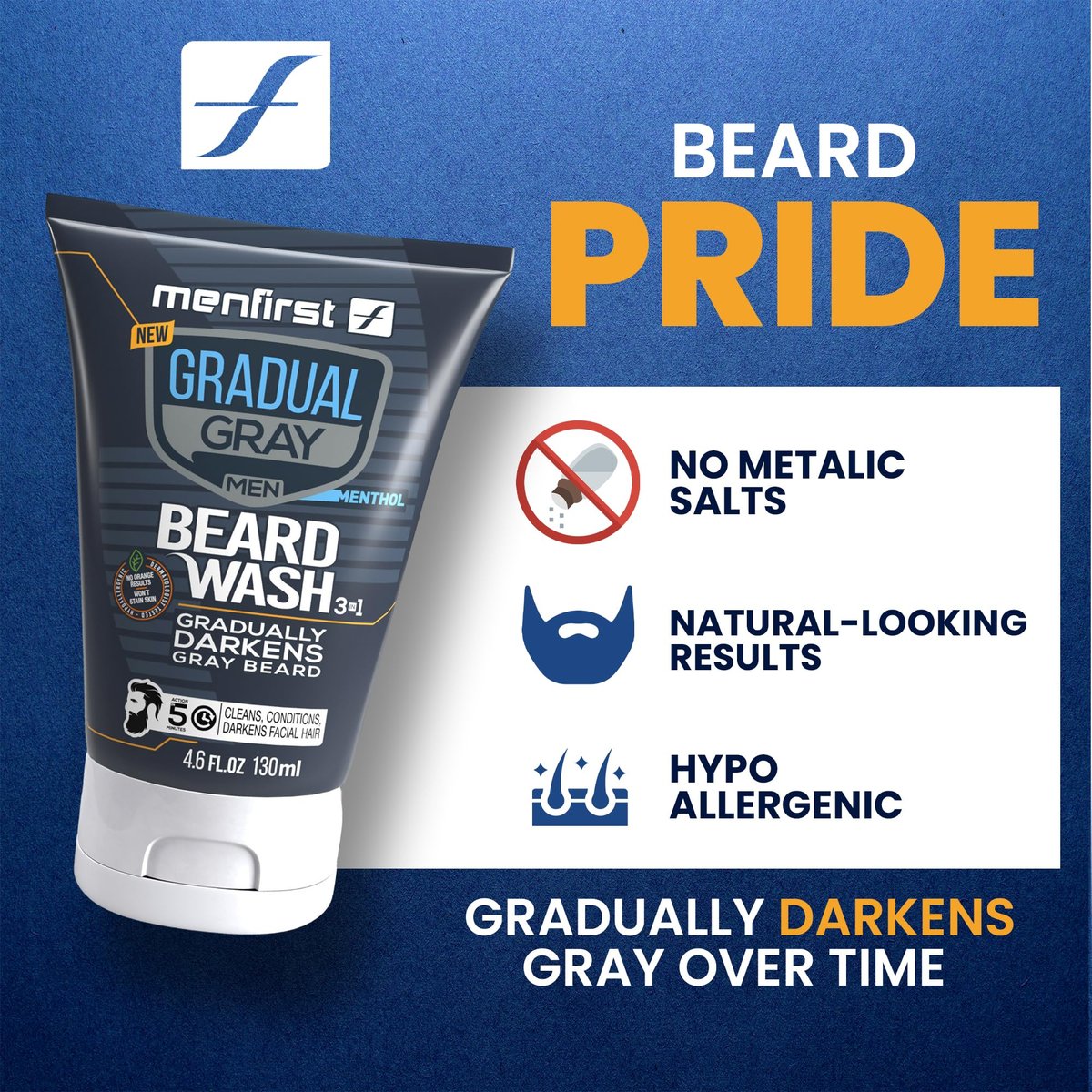 MENFIRST 3-in-1 Gradual Gray Beard Wash Shampoo for Men – Grey Reducing Beard Dye for Darker Shades – Hypoallergenic Harsh Chemical-Free Beard Cleanser – 4.6 Fl Oz Avelisse