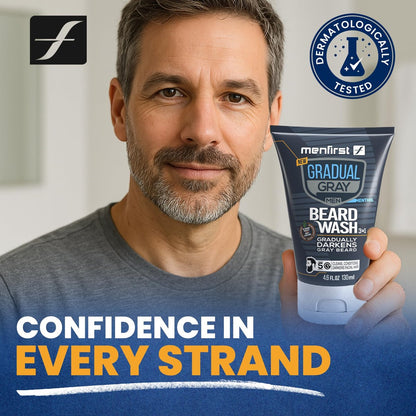 MENFIRST 3-in-1 Gradual Gray Beard Wash Shampoo for Men – Grey Reducing Beard Dye for Darker Shades – Hypoallergenic Harsh Chemical-Free Beard Cleanser – 4.6 Fl Oz Avelisse