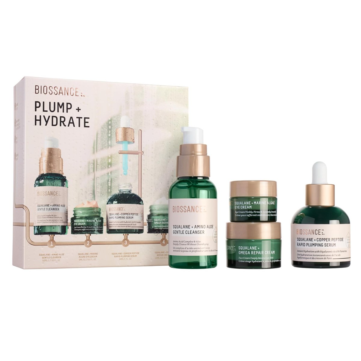 Biossance Plump and Hydrate Skincare Set – Amino Aloe Gentle Foaming Cleanser, Marine Algae Eye Cream, Copper Peptide Rapid Plumping Serum & Omega Moisturizer for Face Avelisse