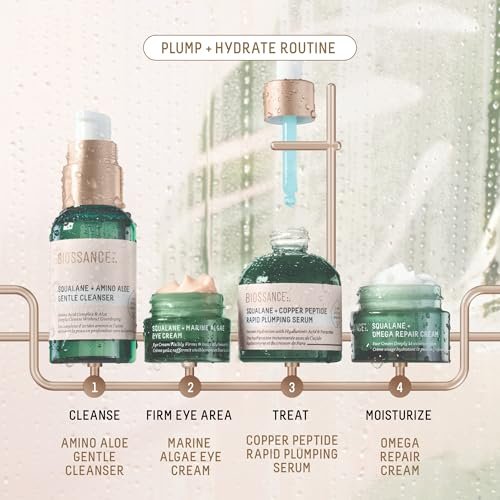 Biossance Plump and Hydrate Skincare Set – Amino Aloe Gentle Foaming Cleanser, Marine Algae Eye Cream, Copper Peptide Rapid Plumping Serum & Omega Moisturizer for Face Avelisse