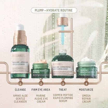 Biossance Plump and Hydrate Skincare Set – Amino Aloe Gentle Foaming Cleanser, Marine Algae Eye Cream, Copper Peptide Rapid Plumping Serum & Omega Moisturizer for Face Avelisse