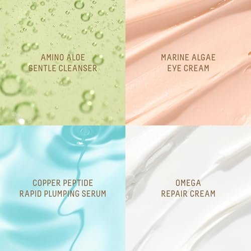 Biossance Plump and Hydrate Skincare Set – Amino Aloe Gentle Foaming Cleanser, Marine Algae Eye Cream, Copper Peptide Rapid Plumping Serum & Omega Moisturizer for Face Avelisse