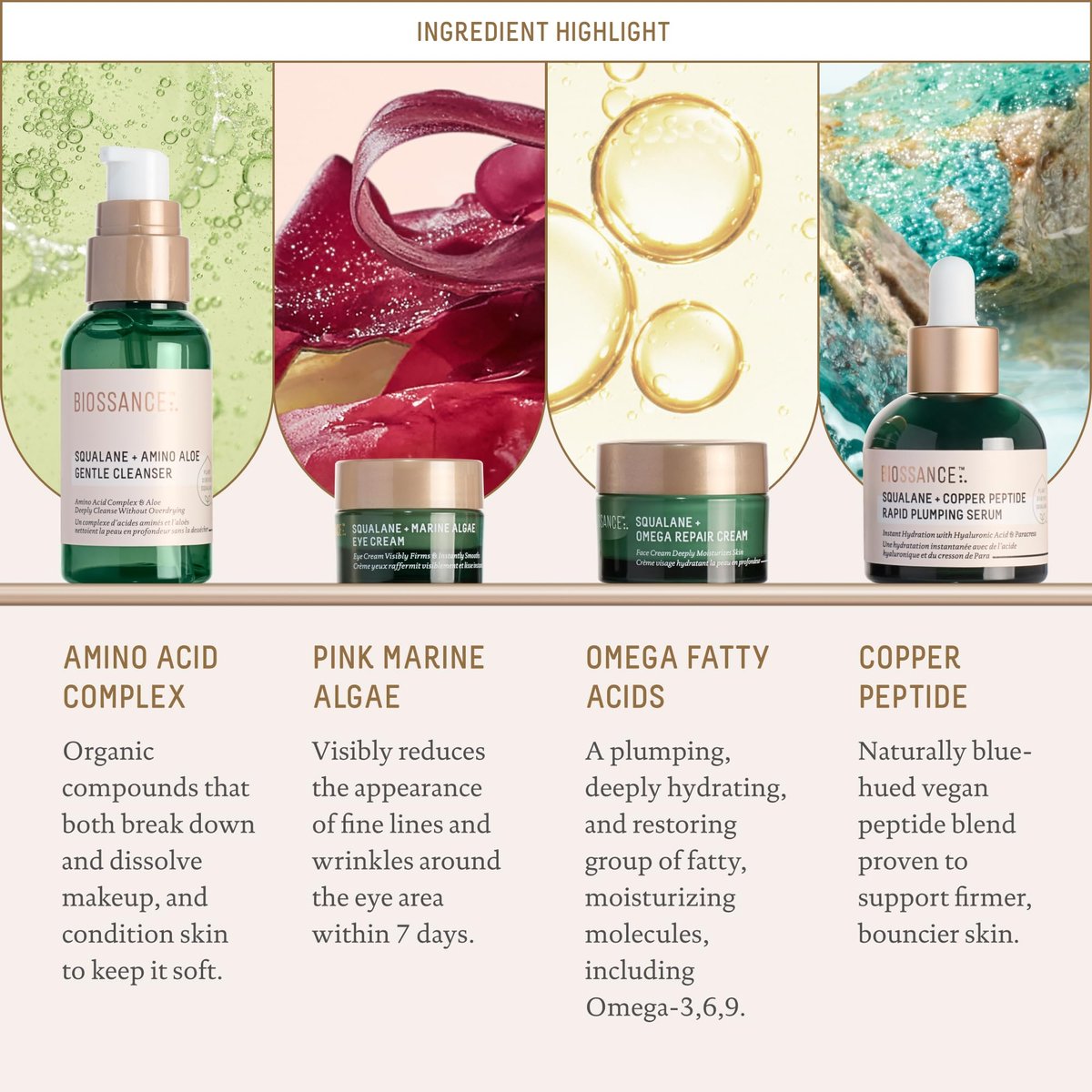 Biossance Plump and Hydrate Skincare Set – Amino Aloe Gentle Foaming Cleanser, Marine Algae Eye Cream, Copper Peptide Rapid Plumping Serum & Omega Moisturizer for Face Avelisse