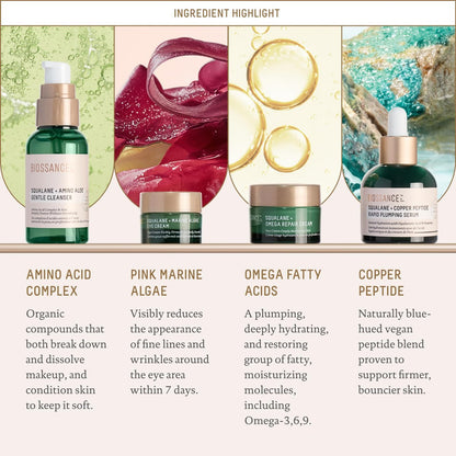 Biossance Plump and Hydrate Skincare Set – Amino Aloe Gentle Foaming Cleanser, Marine Algae Eye Cream, Copper Peptide Rapid Plumping Serum & Omega Moisturizer for Face Avelisse