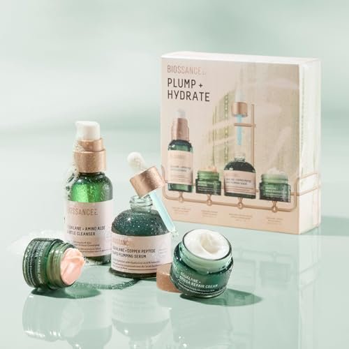 Biossance Plump and Hydrate Skincare Set – Amino Aloe Gentle Foaming Cleanser, Marine Algae Eye Cream, Copper Peptide Rapid Plumping Serum & Omega Moisturizer for Face Avelisse