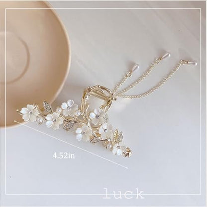 Jasmine Flower Claw Clips for Women - Metal Non-Slip Rhinestone Pearl Tassel Hair Clips for Thick Hair