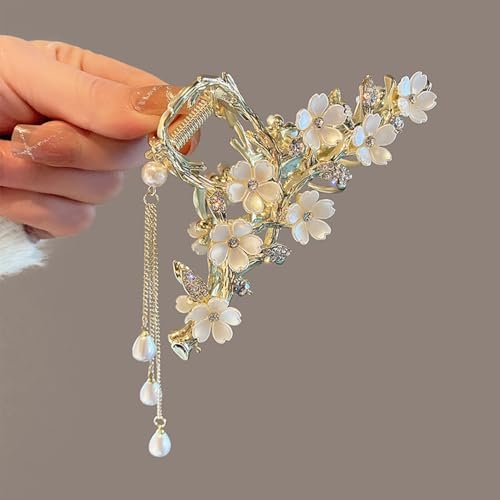 Jasmine Flower Claw Clips for Women - Metal Non-Slip Rhinestone Pearl Tassel Hair Clips for Thick Hair - görsel 4