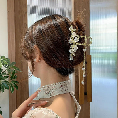 Jasmine Flower Claw Clips for Women - Metal Non-Slip Rhinestone Pearl Tassel Hair Clips for Thick Hair