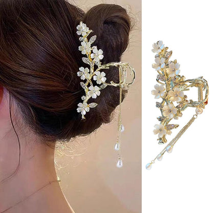 Jasmine Flower Claw Clips for Women - Metal Non-Slip Rhinestone Pearl Tassel Hair Clips for Thick Hair