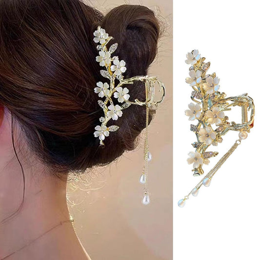 Jasmine Flower Claw Clips for Women - Metal Non-Slip Rhinestone Pearl Tassel Hair Clips for Thick Hair