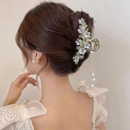 Jasmine Flower Claw Clips for Women - Metal Non-Slip Rhinestone Pearl Tassel Hair Clips for Thick Hair
