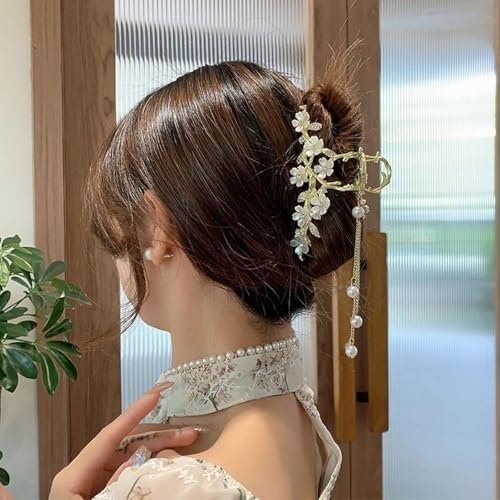 Jasmine Flower Claw Clips for Women - Metal Non-Slip Rhinestone Pearl Tassel Hair Clips for Thick Hair - görsel 10