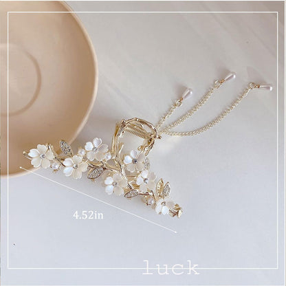 Jasmine Flower Claw Clips for Women - Metal Non-Slip Rhinestone Pearl Tassel Hair Clips for Thick Hair