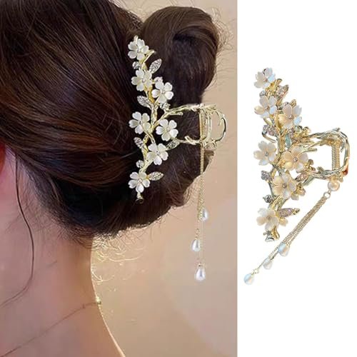 Jasmine Flower Claw Clips for Women - Metal Non-Slip Rhinestone Pearl Tassel Hair Clips for Thick Hair - görsel 2