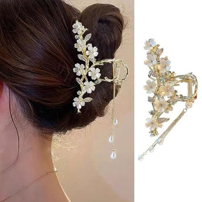 Jasmine Flower Claw Clips for Women - Metal Non-Slip Rhinestone Pearl Tassel Hair Clips for Thick Hair