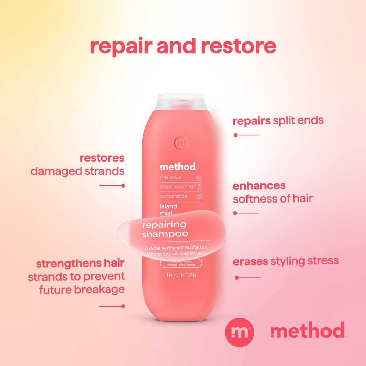Method Repairing Shampoo, Island Mist - Nourishes Hair and Restores Damaged Strands - Sulfate Free, Color Safe - 14 oz - görsel 9