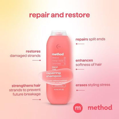 Method Repairing Shampoo, Island Mist - Nourishes Hair and Restores Damaged Strands - Sulfate Free, Color Safe - 14 oz