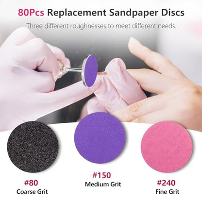 80-Piece Sanding Paper Discs with Metal Nail Drill Bit – 25mm Foot Drill Replacement Sanding Discs in #80, #150, #240 Grits for Nail Drill, Pedicure, and Dead Skin Removal